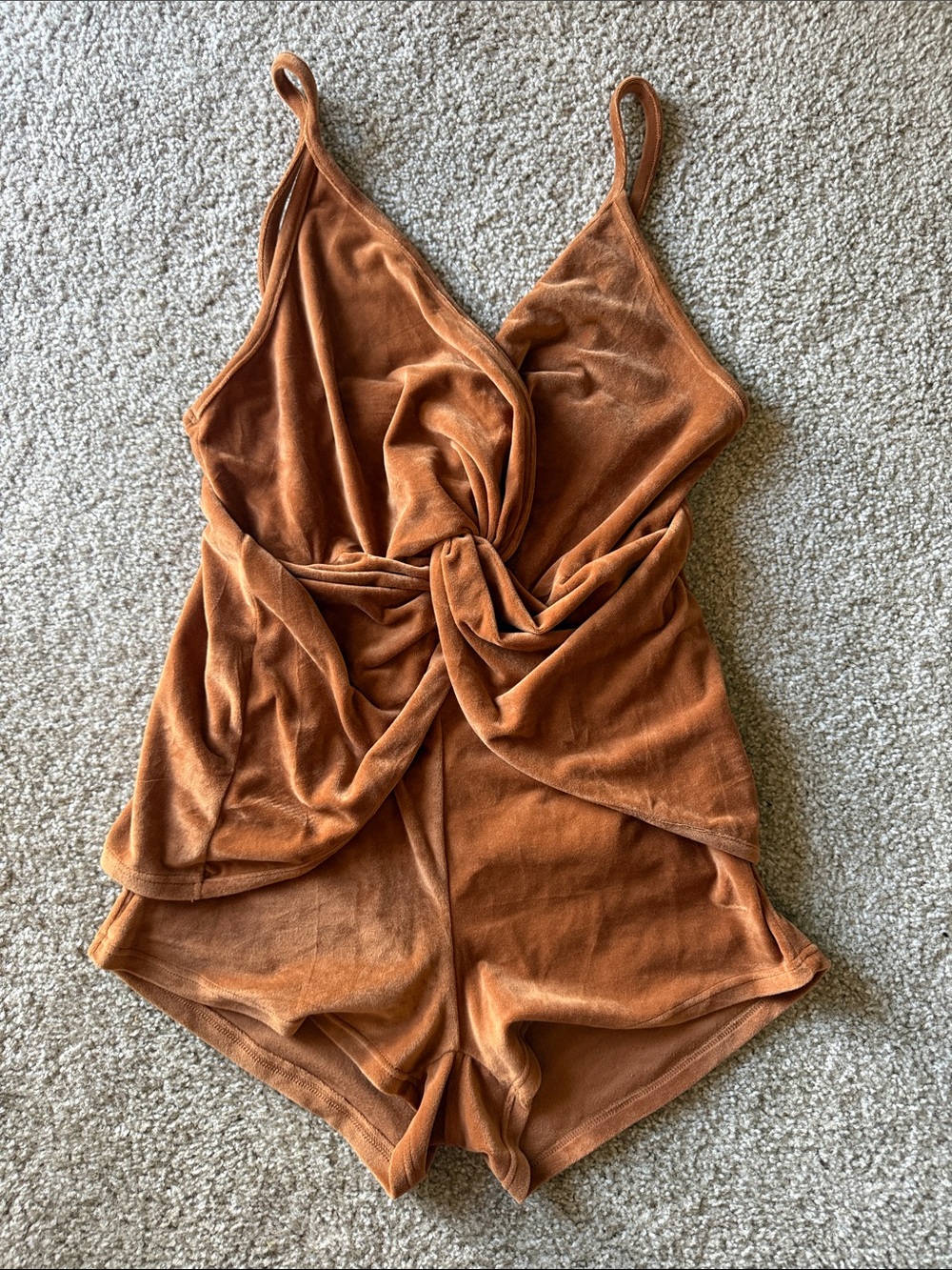 Women’s Rust Twist-Front Burnt Orange Velvet Romper Size Small
